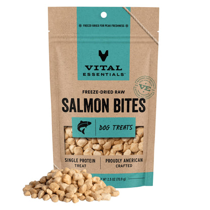 HOTVital Essentials Freeze Dried Dog Treats, Salmon Bites, 2.5 oz Bag | Single Animal Protein, Premium Quality, Grain-Free Training Treats, USA Made with U.S. & Globally Sourced Ingredients