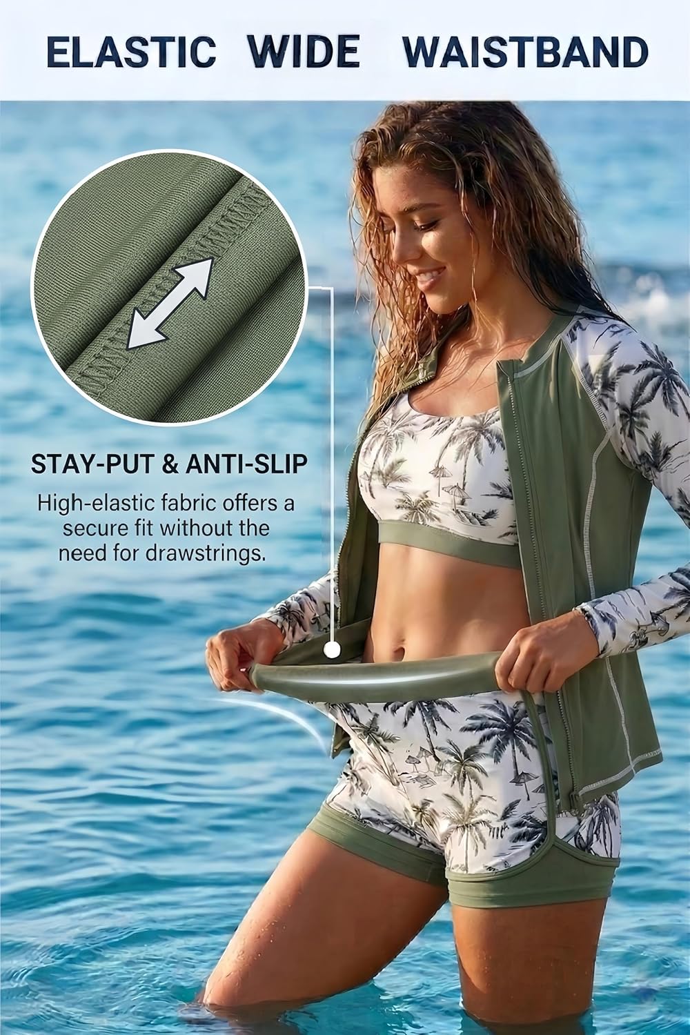 HOTDaci 3 Piece Rash Guard Set with 3'' Shorts | UPF 50+ Sun Protection, Long Sleeve Swim Shirt, High Rise, Built-in Bra, Removable Pads, for Beach, Pool, and Surfing