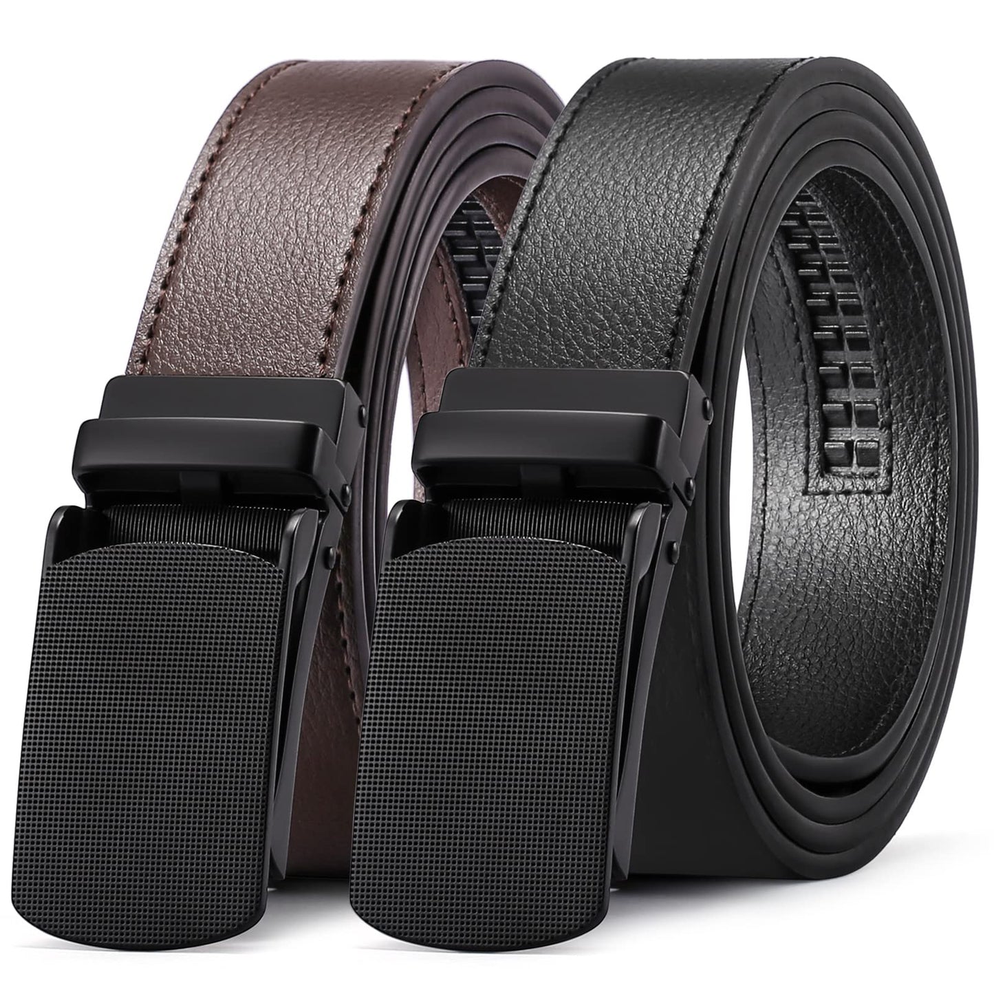 HOTSENDEFN 2 Pack Ratchet Belt Men, Men Leather Belts in Gift Set Box for Dress Casual, Size Adjustable Trim to Fit