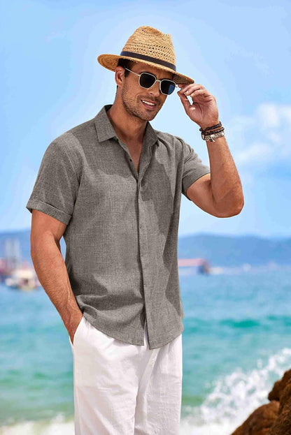 HOTCOOFANDY Men's Linen Shirts Short Sleeve Casual Shirts Button Down Shirt for Men Beach Summer Wedding Shirt