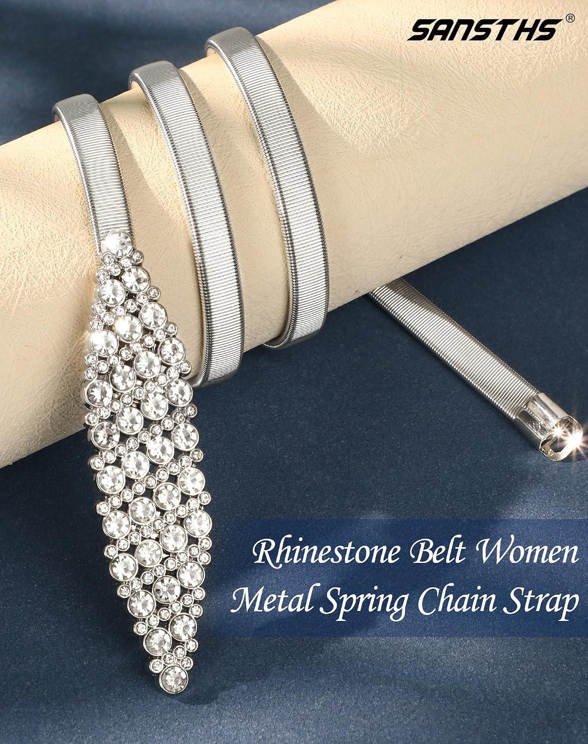 HOTSANSTHS Silver Rhinestone Elastic Waist Belt for Women, Metal Skinny Ladies Belt for Dresses Wedding Party Formal Occasions