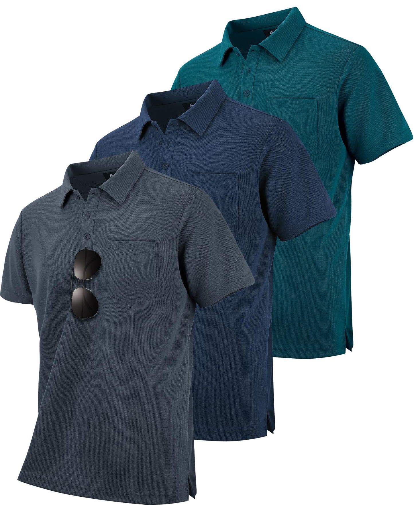 HOTZITY Men's 3 Pack Polo Shirts Short Sleeve with Pocket Moisture Wicking Casual Work Golf Lightweight Collared T-Shirts