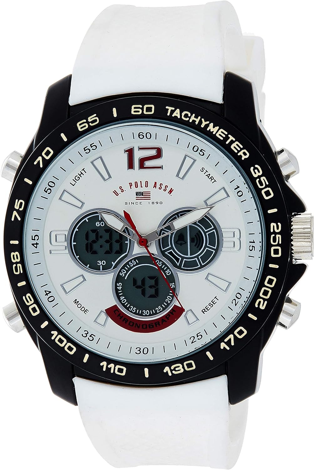 HOTU.S. Polo Assn. Men's Chronograph Sport Watch – Ana-Digital Display with Tachymeter Bezel, Dual Time, Stopwatch & Alarm – White Silicone Strap – 46mm Case – Fits Wrists 5.5" to 8"