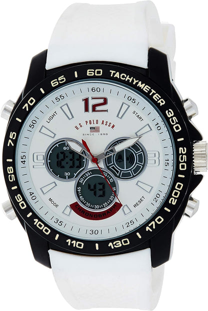 HOTU.S. Polo Assn. Men's Chronograph Sport Watch – Ana-Digital Display with Tachymeter Bezel, Dual Time, Stopwatch & Alarm – White Silicone Strap – 46mm Case – Fits Wrists 5.5" to 8"