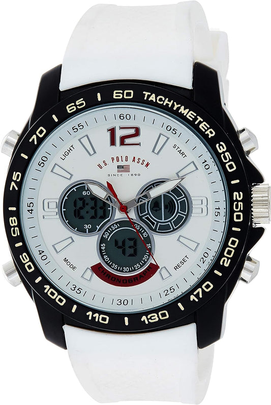 HOTU.S. Polo Assn. Men's Chronograph Sport Watch – Ana-Digital Display with Tachymeter Bezel, Dual Time, Stopwatch & Alarm – White Silicone Strap – 46mm Case – Fits Wrists 5.5" to 8"