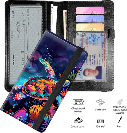HOTLeather Checkbook Covers for Personal Checkbook Check book Holder Cover Wallets for Women Men,RFID-Blocking Slim Checkbook Cover for Duplicate Checks with Elastic Strap,Colorful Turtle