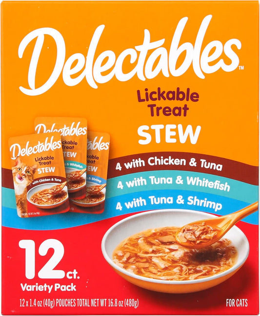 HOTDelectables Lickable Treat Stew Wet Cat Treat Variety Pack, Food Topper, Hydrating, Grain-Free, No Fillers, No By-Products, No Added Preservatives, 1.4oz Pouch, 12ct