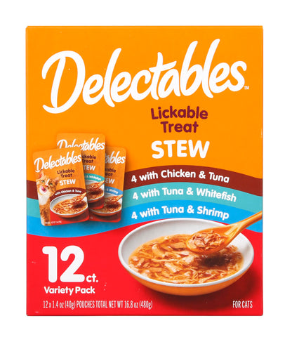 HOTDelectables Lickable Treat Stew Wet Cat Treat Variety Pack, Food Topper, Hydrating, Grain-Free, No Fillers, No By-Products, No Added Preservatives, 1.4oz Pouch, 12ct