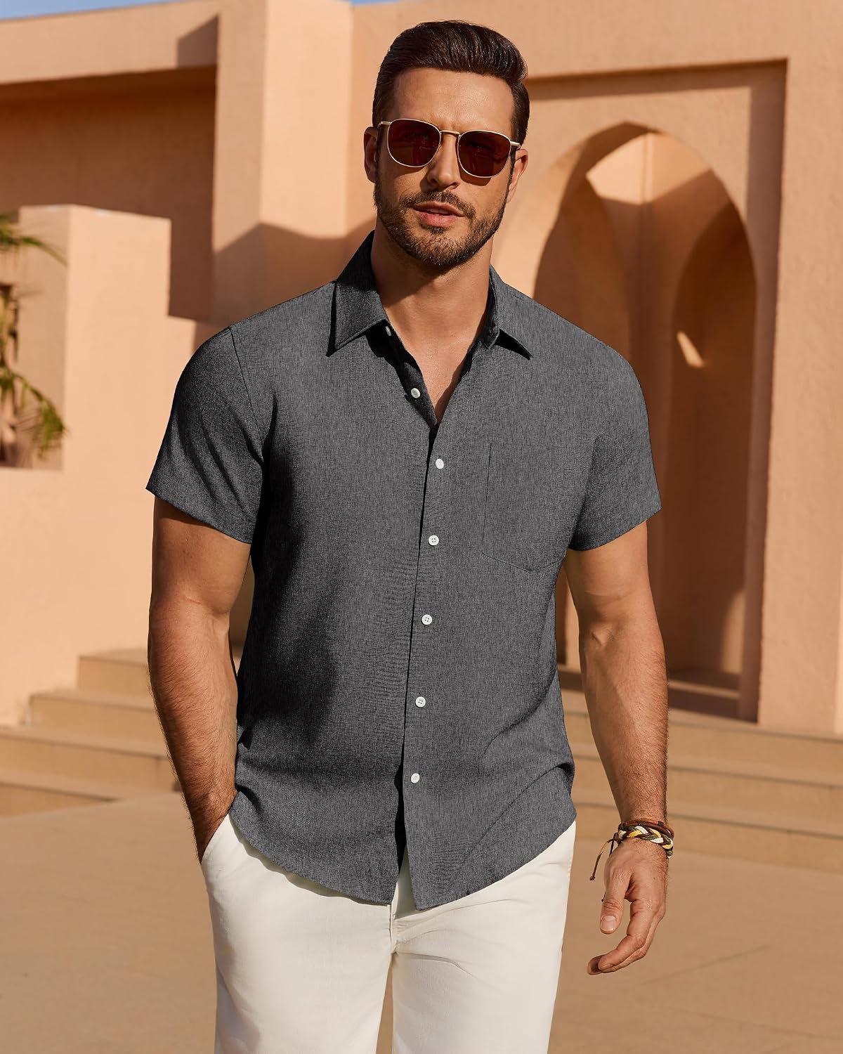 HOTMens Linen Shirt Short Sleeve Wrinkle Free Casual Untucked Button Down Shirts Beach Breathable Tops Summer