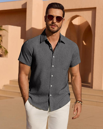 HOTMens Linen Shirt Short Sleeve Wrinkle Free Casual Untucked Button Down Shirts Beach Breathable Tops Summer