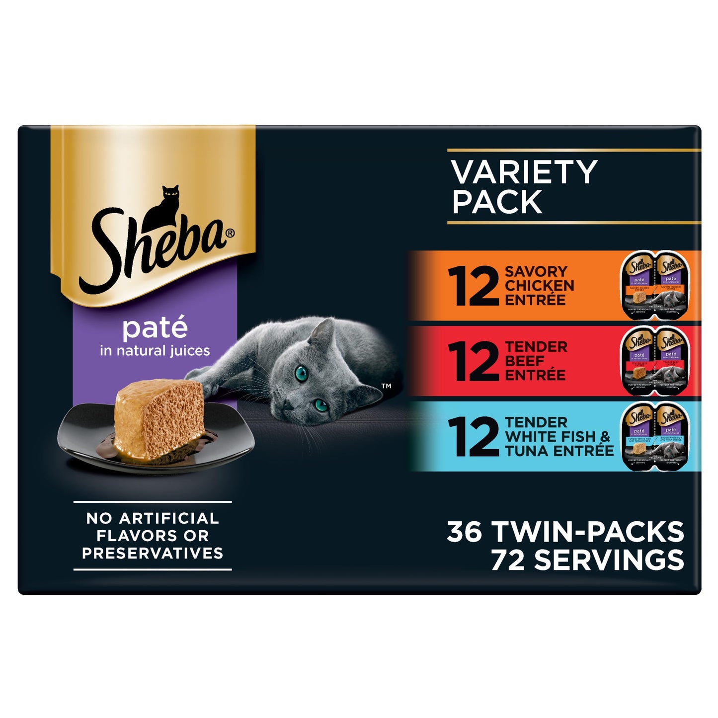 HOTSheba Perfect Portions Pate Wet Cat Food, Seafood Variety, 2.6 oz, 24 ct | Grain-free, made in USA, Sustainable Salmon, Signature Seafood & Whitefish Tuna, no artificial flavors, twin-pack trays