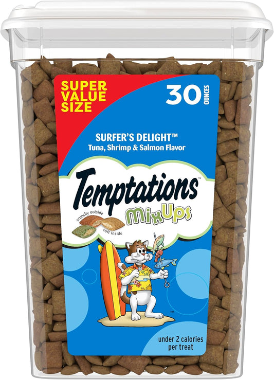 HOTTemptations Cat Treats MixUps Surfer's Delight, Tuna, Shrimp, Salmon Flavor, Crunchy and Soft Cat Treats, 30 oz. Tub