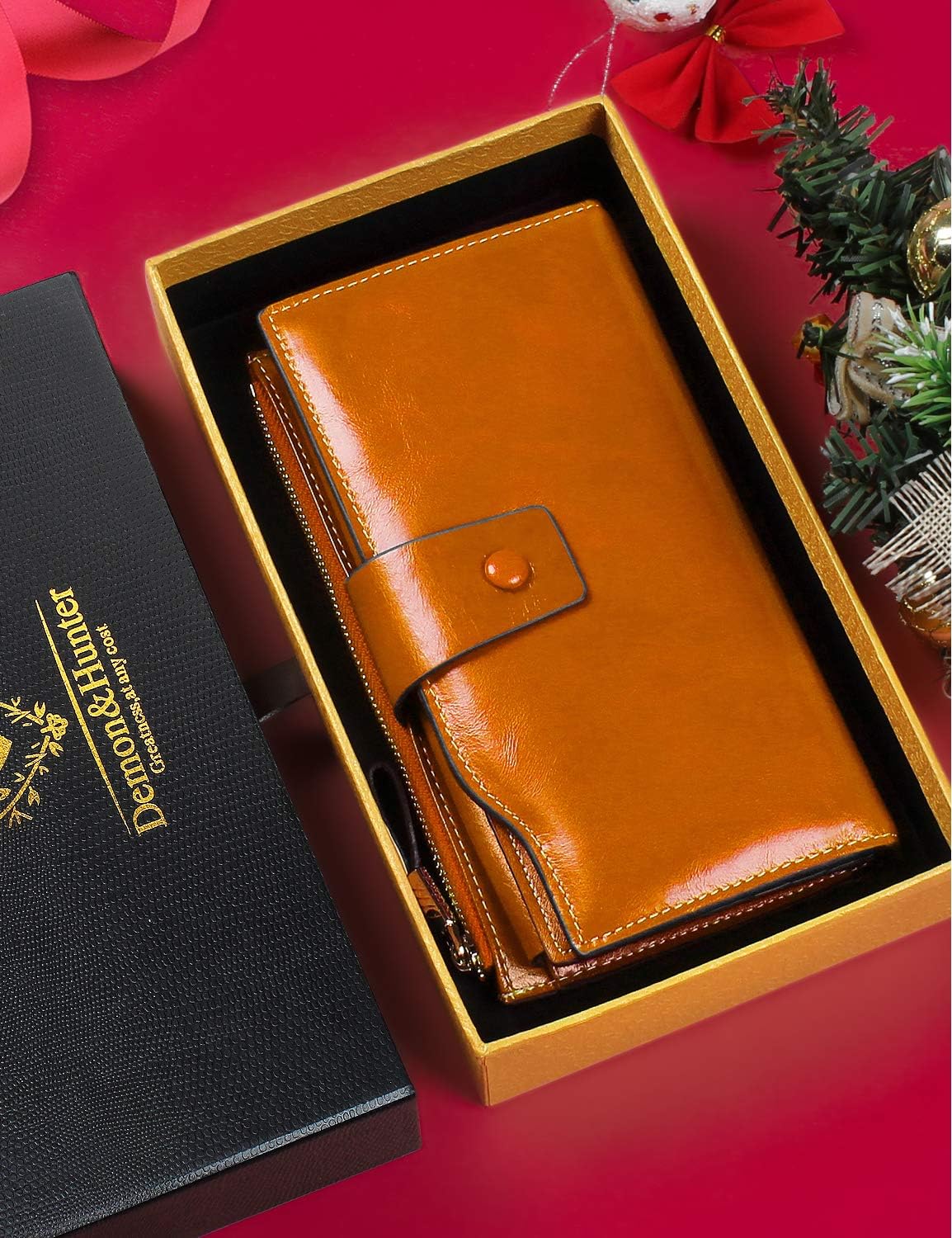 HOTDemon&Hunter Women's RFID Blocking Large Capacity Luxury Wax Genuine Leather Purse Wallet DZA2083 (One Size, Orange)
