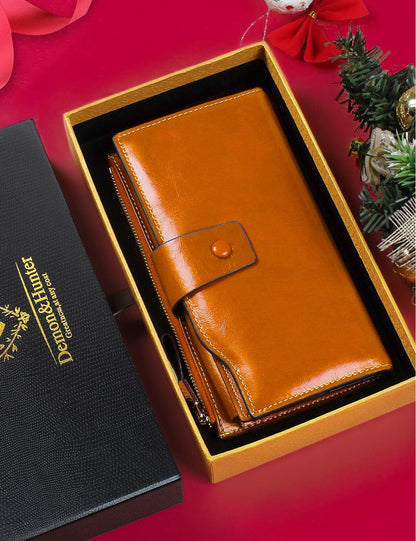 HOTDemon&Hunter Women's RFID Blocking Large Capacity Luxury Wax Genuine Leather Purse Wallet DZA2083 (One Size, Orange)