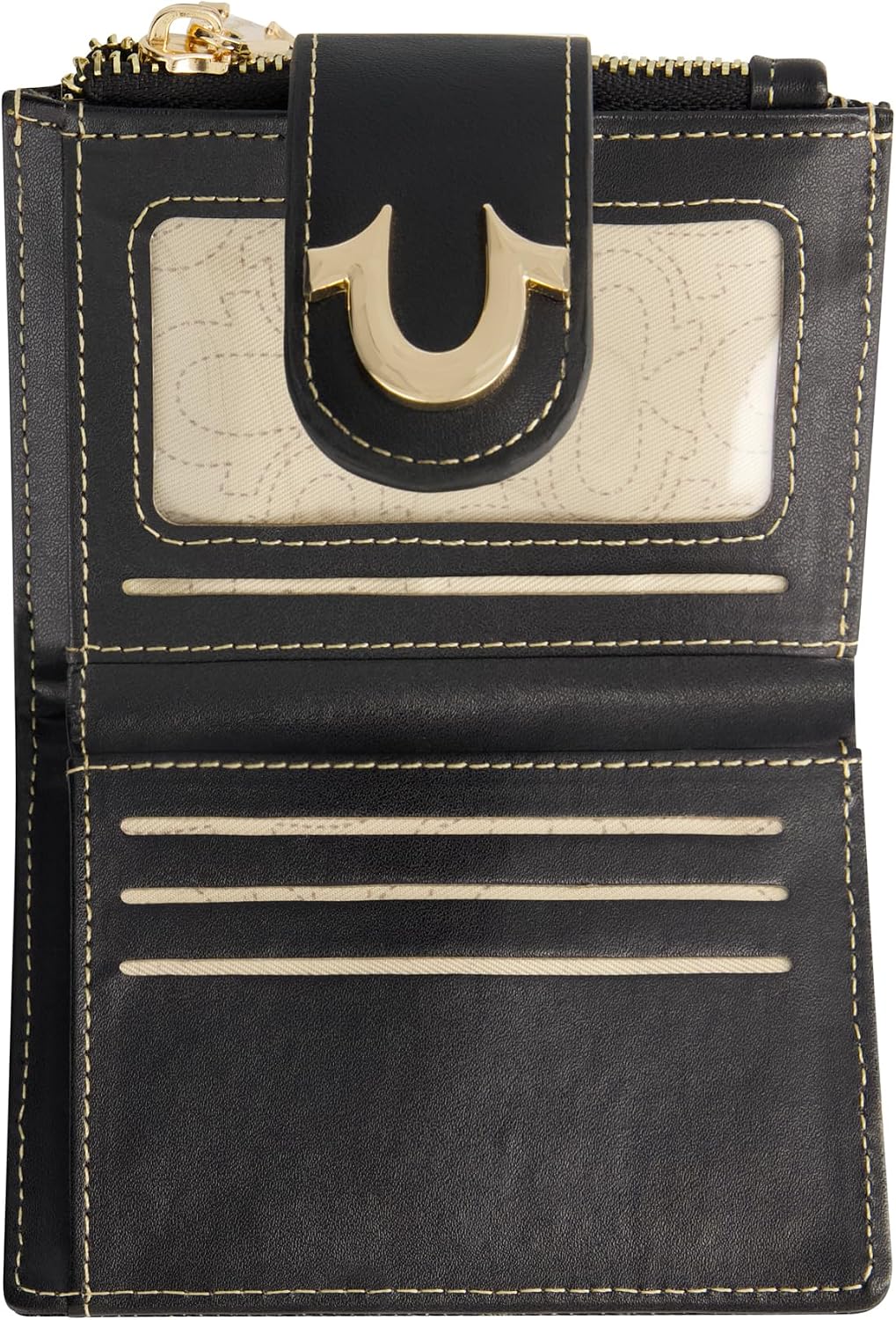 HOTTrue Religion Women's Mini Wallet, Black, One Size | Horseshoe Logo Small Compact Clutch Purse