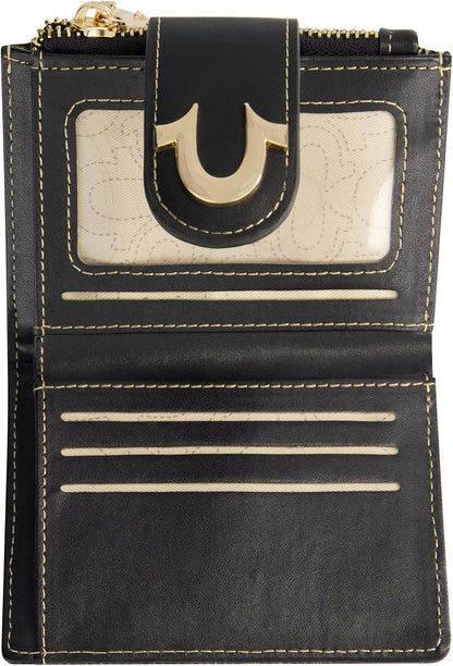 HOTTrue Religion Women's Mini Wallet, Black, One Size | Horseshoe Logo Small Compact Clutch Purse
