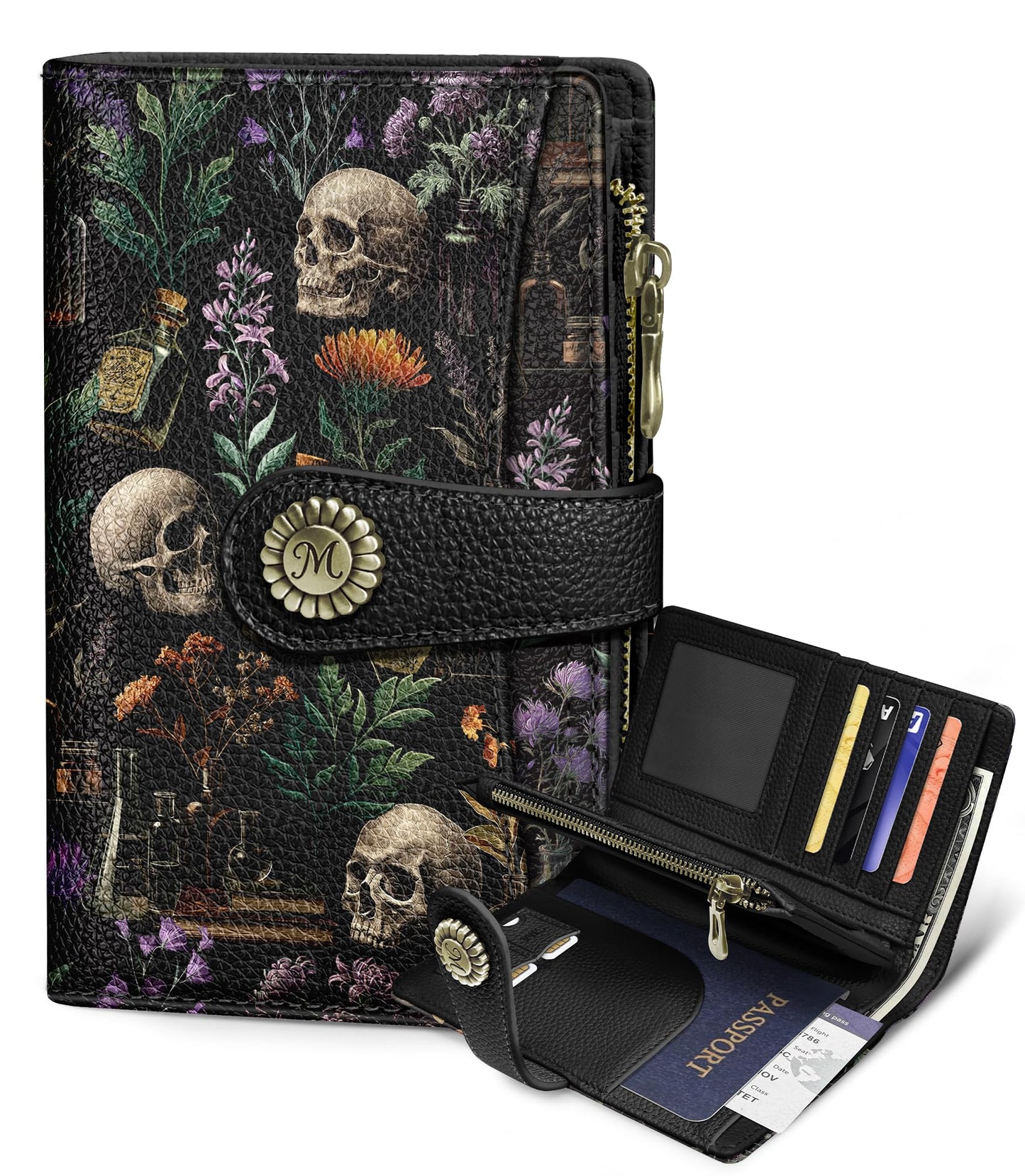 HOTGoth Black Cat Wallet Women RFID Skull Passport Credit Card Holder | Travel billfold, Zipper Coin Pocket, PU Leather, Clutch, Cash Purse, 1 ID Window, Ticket, Pen Holder, Gift for Ladies Girls