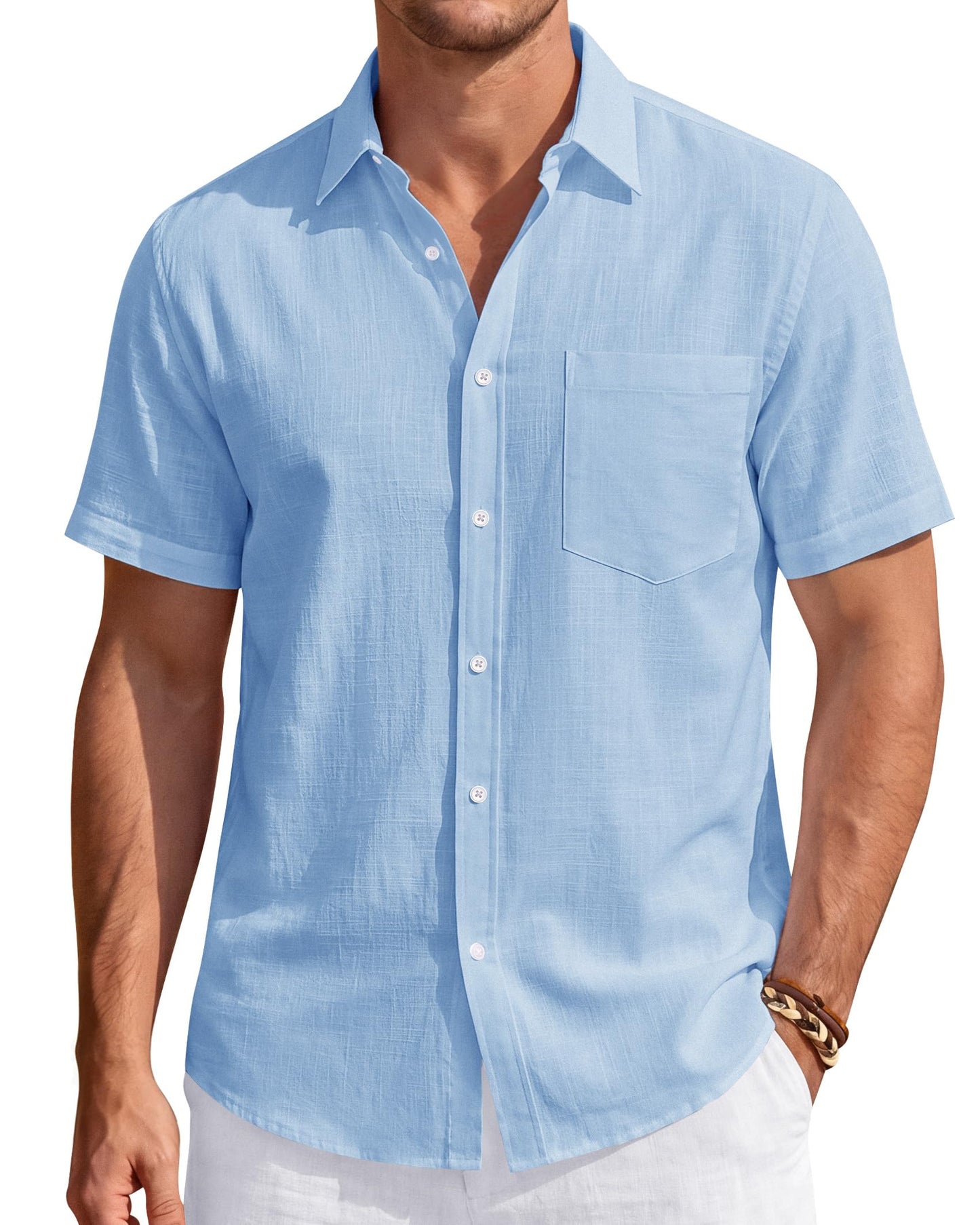 HOTJ.VER Mens Linen Shirt Short Sleeve Button Down Casual Summer Shirts | Cotton Linen, Untucked, Big Tall, from Beach Camp Vacation, Cruise Fishing, Work Office, to Wedding Party Family, with Pocket