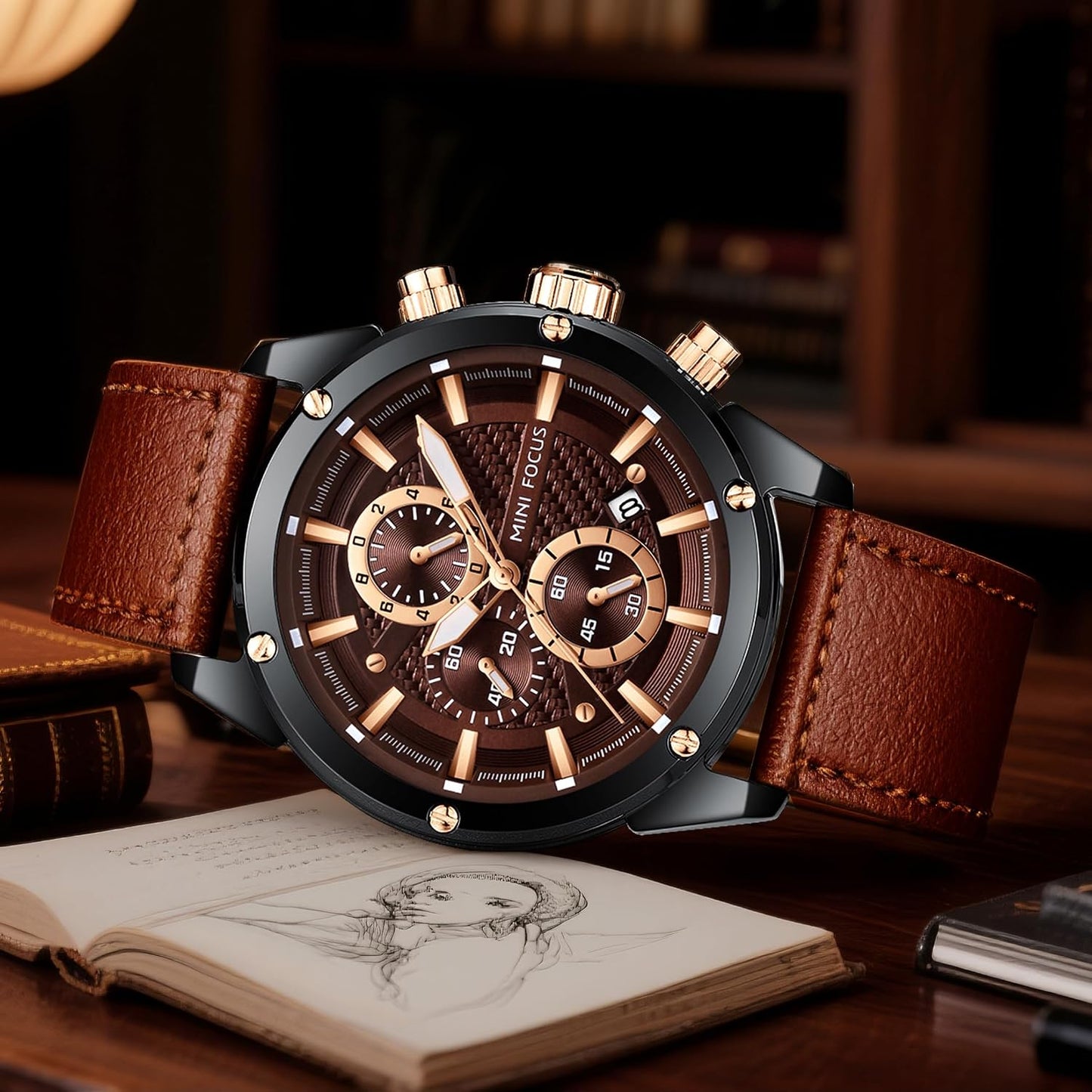 HOTMF MINI FOCUS Men Watches Business Casual Wrist Watches (Multifunction/Waterproof/Luminous/Calendar) Genuine Leather Band Fashion Watch for Men