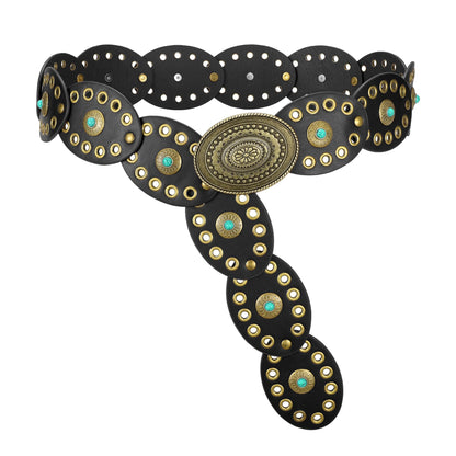 HOTTRIWORKS Western Belts for Women Wide Cowgirl Disc Belt with Turquoise Boho Concho Leather Belt Country Belt for Dress