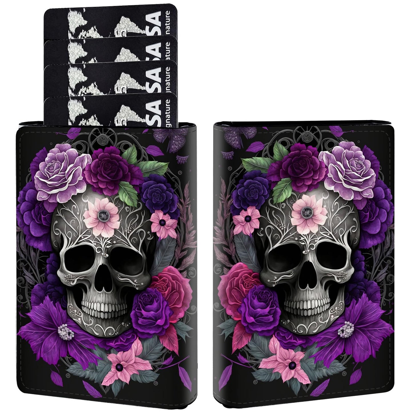 HOTPop Up Wallet Women Men with Money Slot,RFID Blocking Leather Minimalist Automatic Credit Card Holder Business Trifold Card Case-Purple Dream Catcher