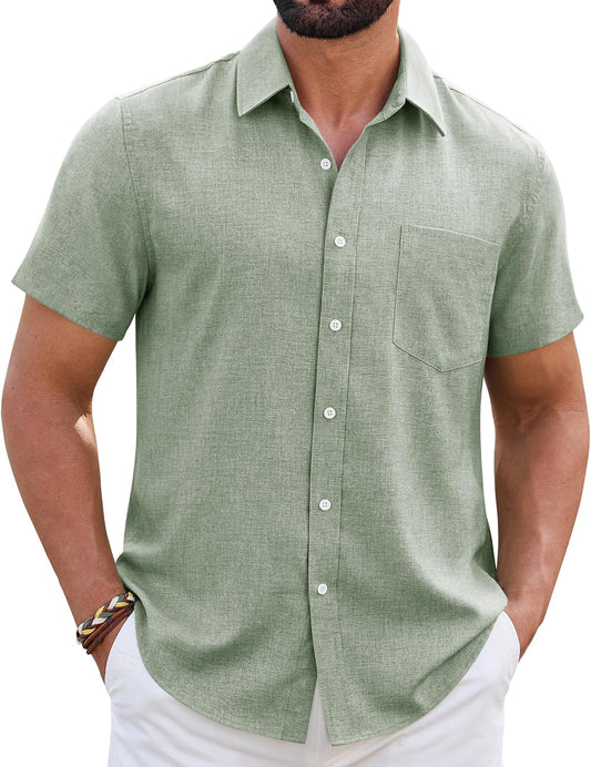 HOTMens Linen Shirt Short Sleeve Wrinkle Free Casual Untucked Button Down Shirts Beach Breathable Tops Summer
