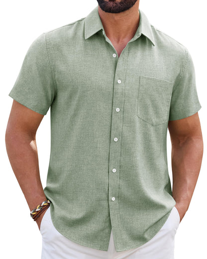 HOTMens Linen Shirt Short Sleeve Wrinkle Free Casual Untucked Button Down Shirts Beach Breathable Tops Summer