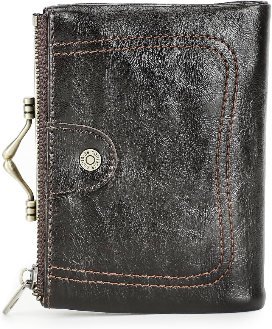 HOTCONTACTS Full Grain Leather Kiss Lock Wallet for Women Small Zipper Coin Pocket Vintage Bifold Rfid Purse Card Holder with Photo Window