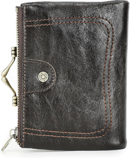 HOTCONTACTS Full Grain Leather Kiss Lock Wallet for Women Small Zipper Coin Pocket Vintage Bifold Rfid Purse Card Holder with Photo Window