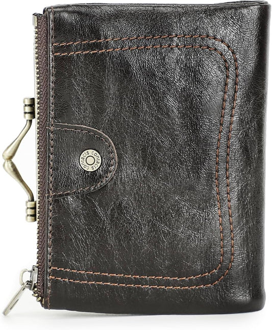 HOTCONTACTS Full Grain Leather Kiss Lock Wallet for Women Small Zipper Coin Pocket Vintage Bifold Rfid Purse Card Holder with Photo Window