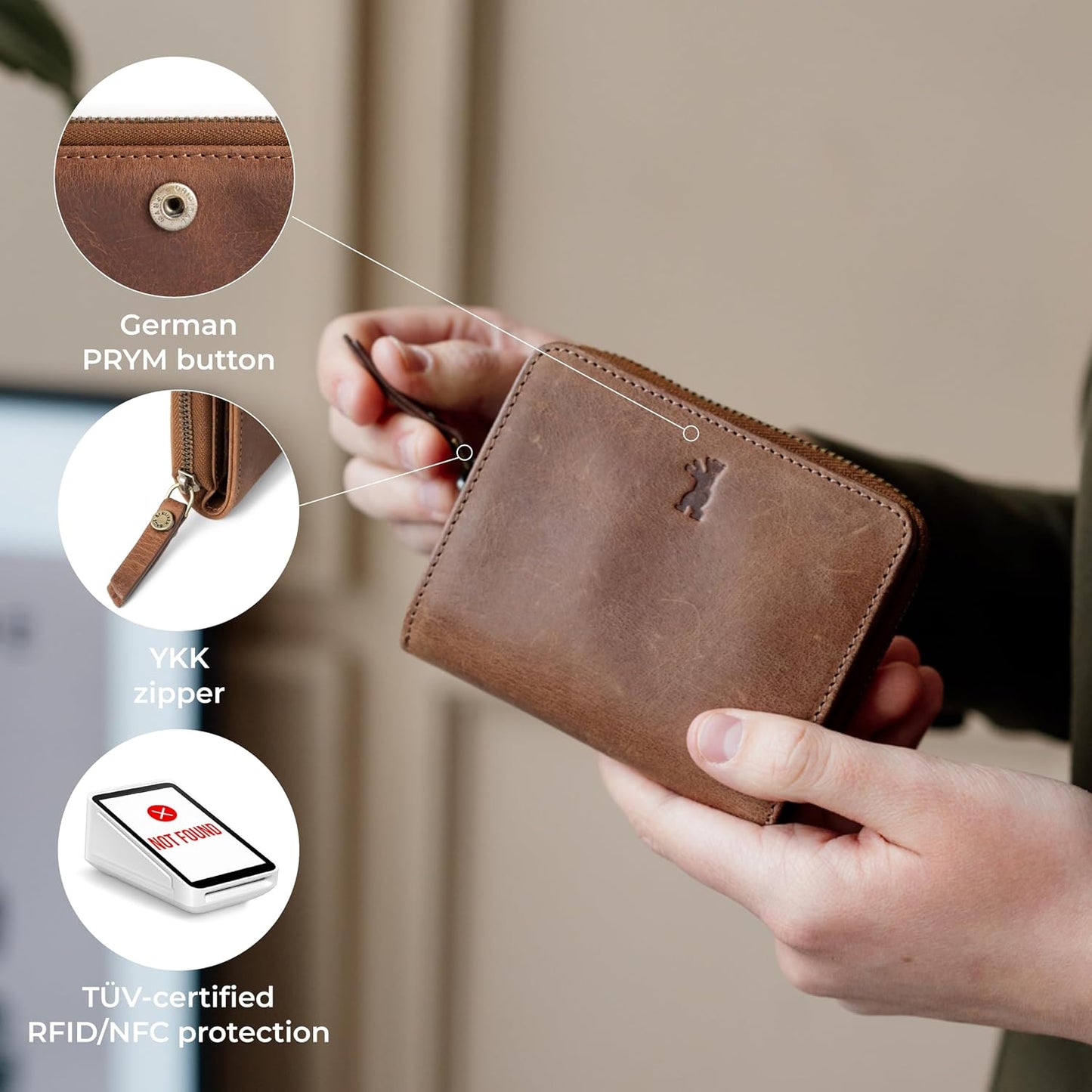 HOTBERLINER BAGS Genuine Leather Small Wallet Women Sara, Gift Box – Brown | Soft Leather Bifold Zip Wallet, Fits Purses & Crossbody Bags, 8 Card Slots, Zipped Coin Pocket, RFID Blocking
