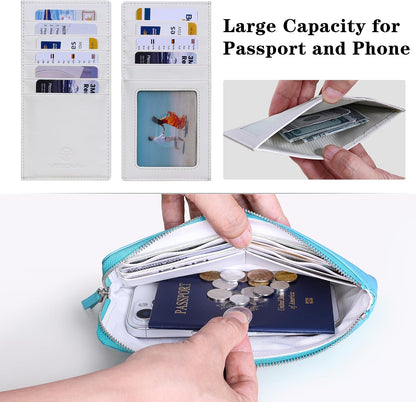 HOTVISOUL Long Zipper Cash Wallet for Women with Removable Credit Card Holder Soft Genuine Pebbled Leather Contrast Color-Lake Blue and Pearl