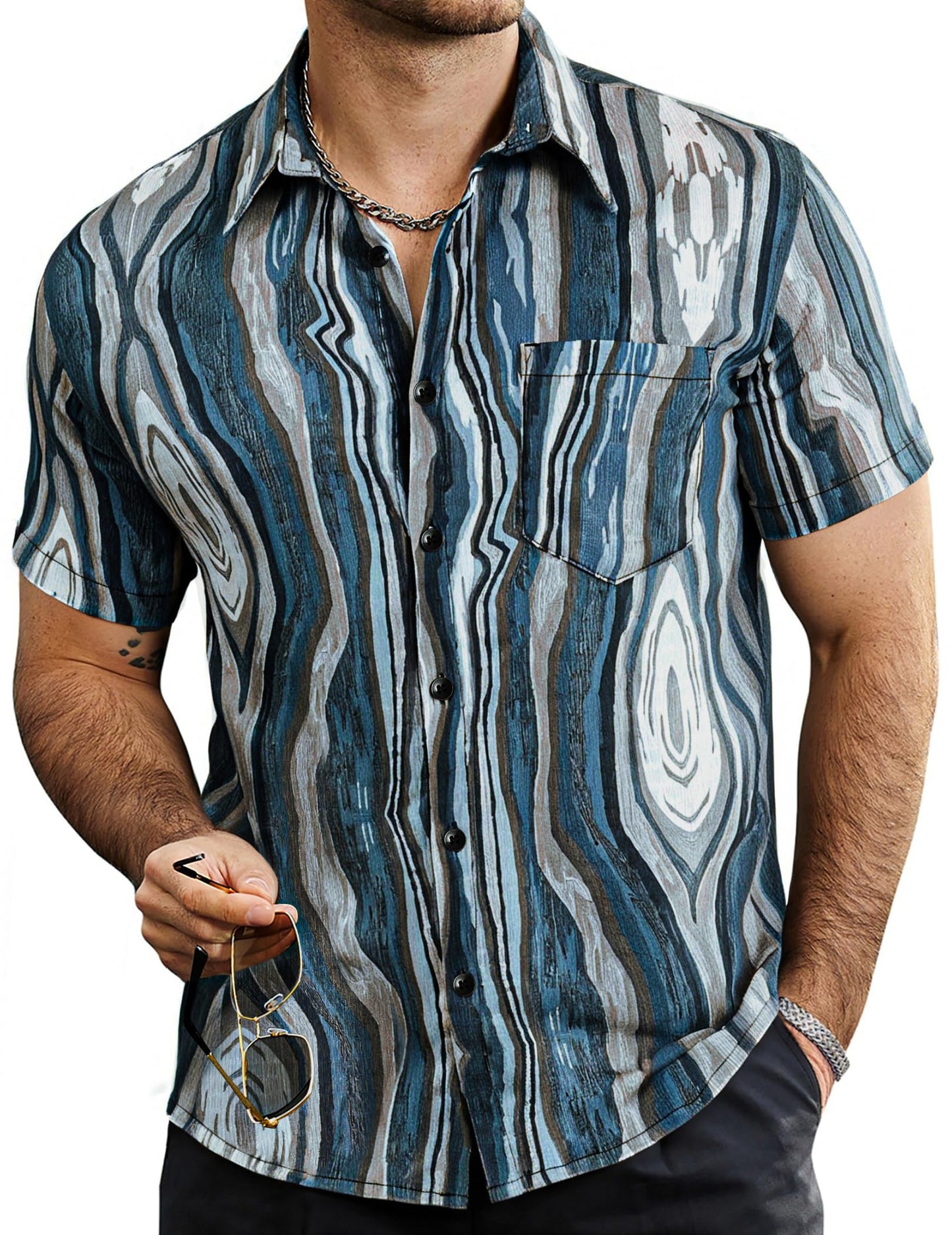 HOTVATPAVE Mens Summer Striped Shirts Button Down Short Sleeve Vintage Beach Hawaiian Shirts with Pocket