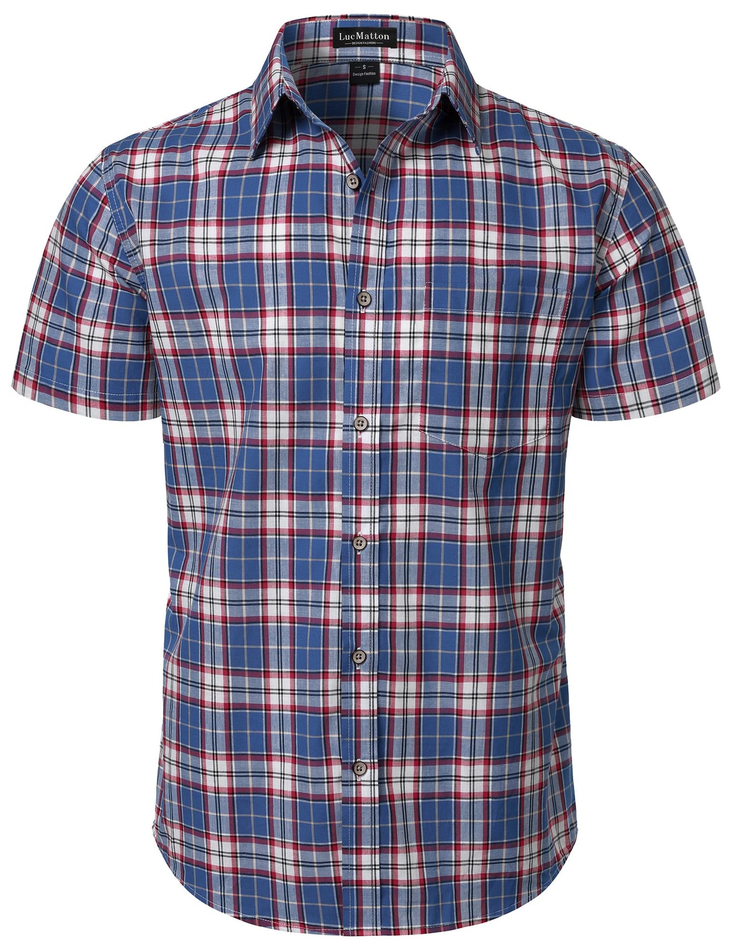 HOTLucMatton Men's Gingham Short Sleeve Button Down Shirt Cotton Regular Fit Plaid Dress Shirts with Pocket