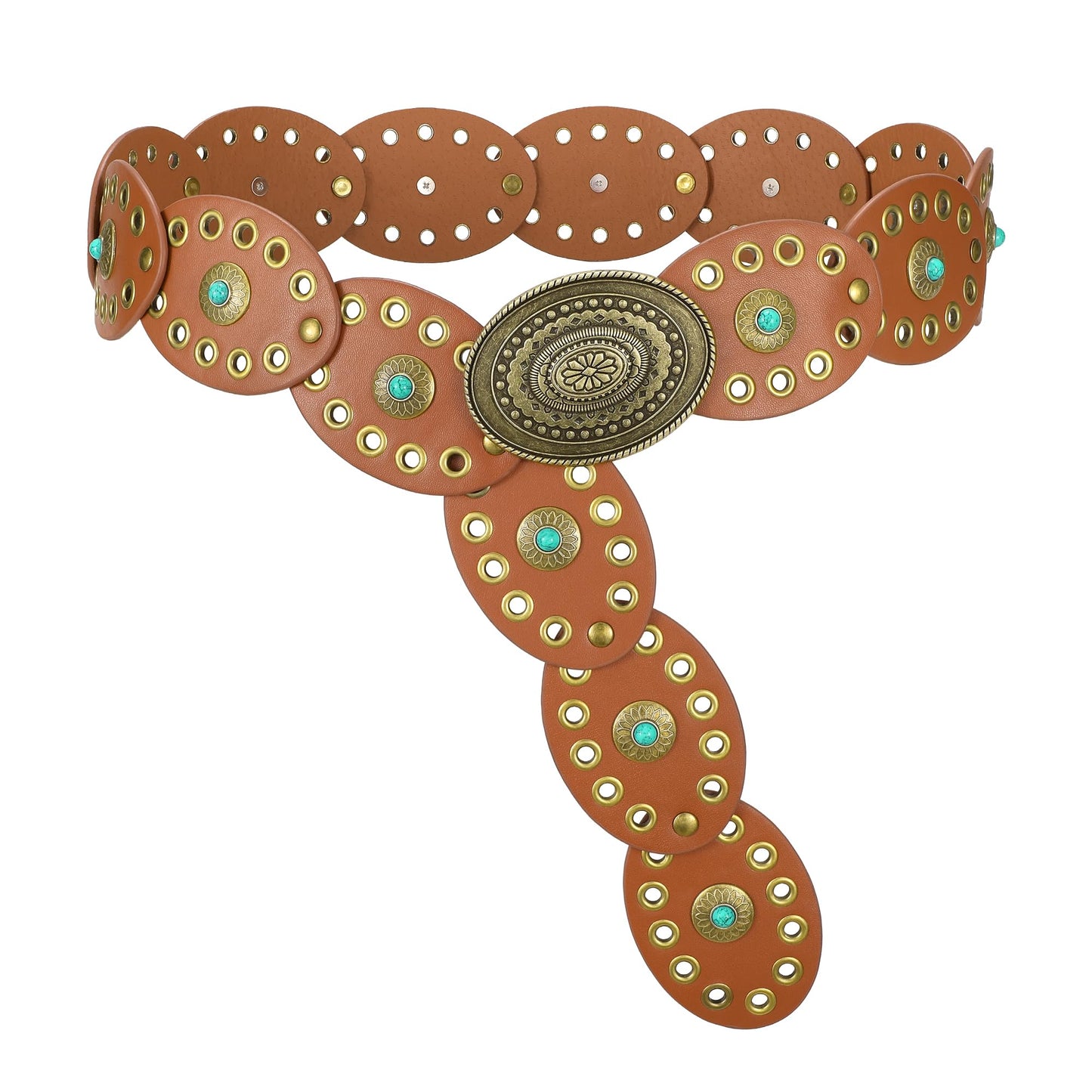 HOTTRIWORKS Western Belts for Women Wide Cowgirl Disc Belt with Turquoise Boho Concho Leather Belt Country Belt for Dress