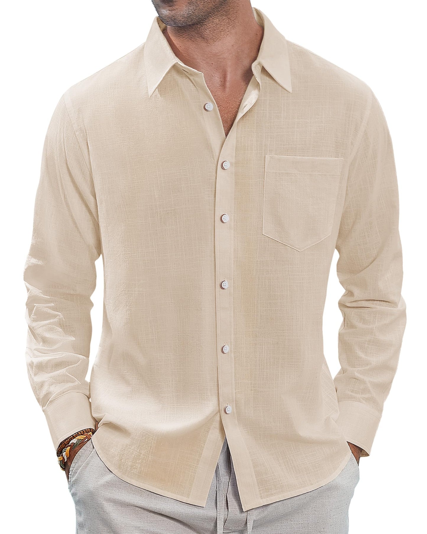 HOTJ.VER Men's Linen Shirts Casual Button Down Long Sleeve Shirt Solid Spread Collar Summer Beach Shirts with Pocket