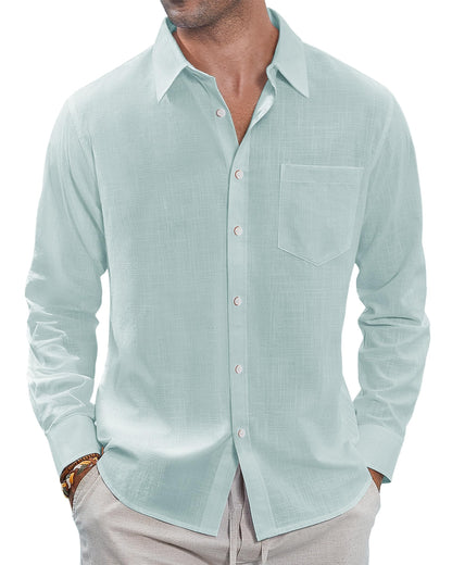 HOTJ.VER Men's Linen Shirts Casual Button Down Long Sleeve Shirt Solid Spread Collar Summer Beach Shirts with Pocket