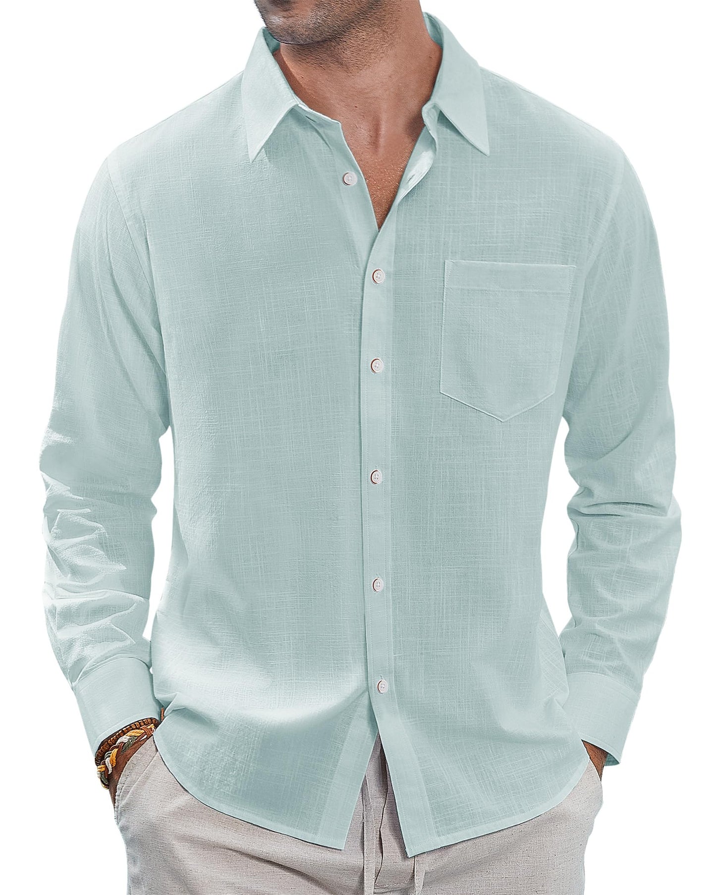 HOTJ.VER Men's Linen Shirts Casual Button Down Long Sleeve Shirt Solid Spread Collar Summer Beach Shirts with Pocket