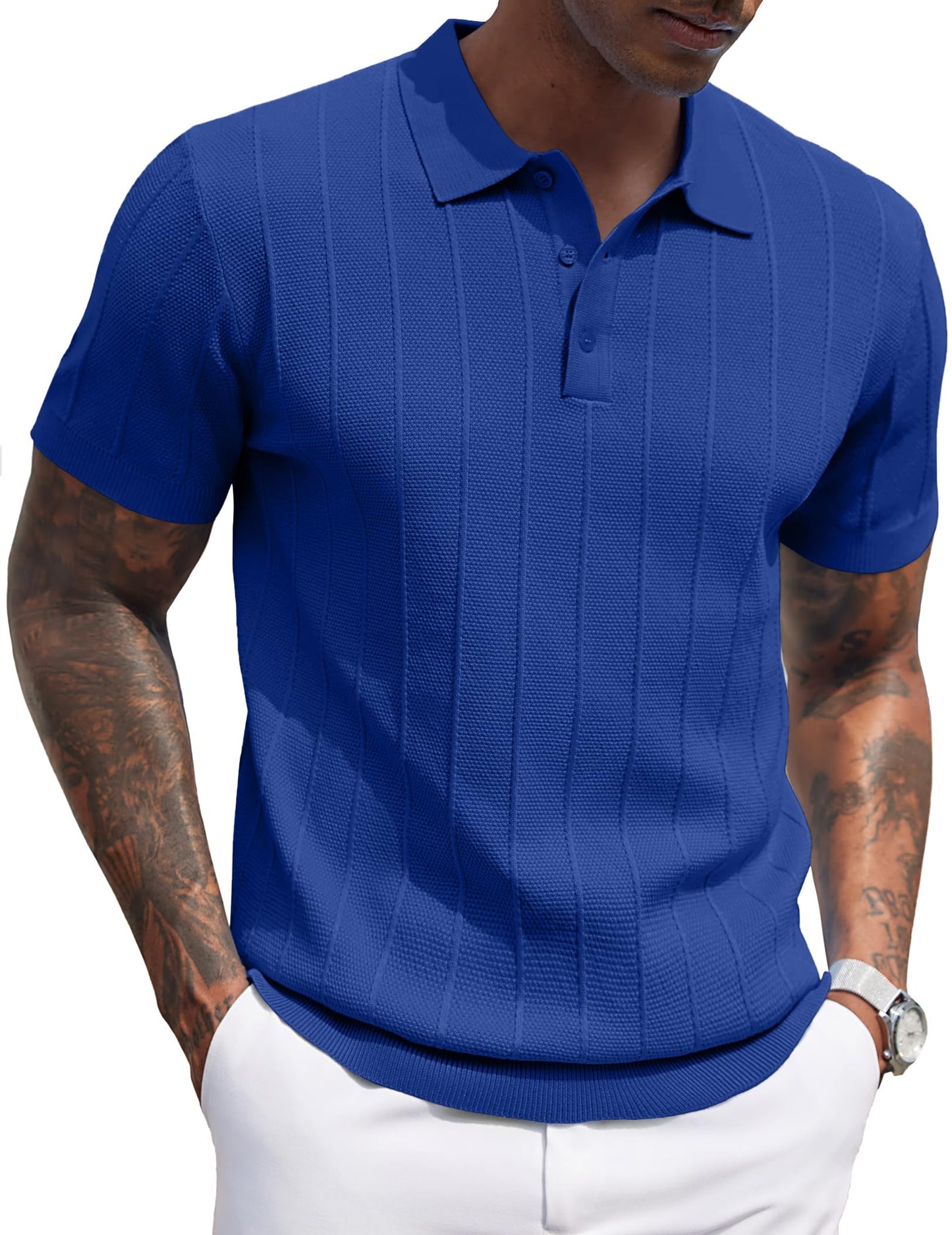HOTCOOFANDY Mens Knit Polo Shirts Short Sleeve Ribbed Textured Polo Shirt Lightweight Casual Golf Shirts Collared T Shirt