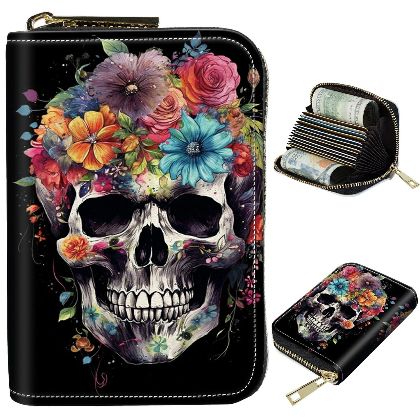 HOTCute Credit Card Holder with Zipper, Crow Skull RFID-Blocking Card Case Small Wallet for Women Men, Multi-slot Card Organizer Case Travel Accordion Wallet