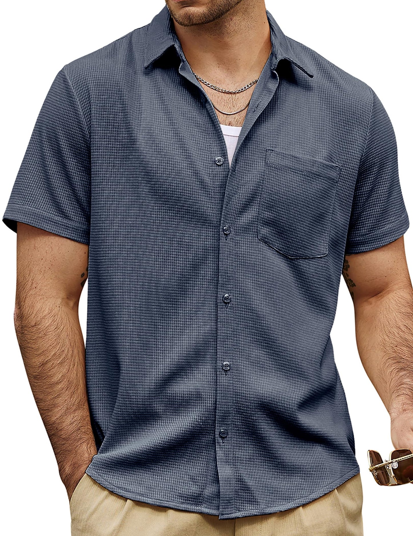 HOTVATPAVE Mens Casual Waffle Shirt Short Sleeve Button Down Summer Shirts | Beach, Untucked, Camp, Daily, Work, Family Photo, Old Money, Vacation, Collared, Wedding, Date, Cruise, Going Out, Pocket