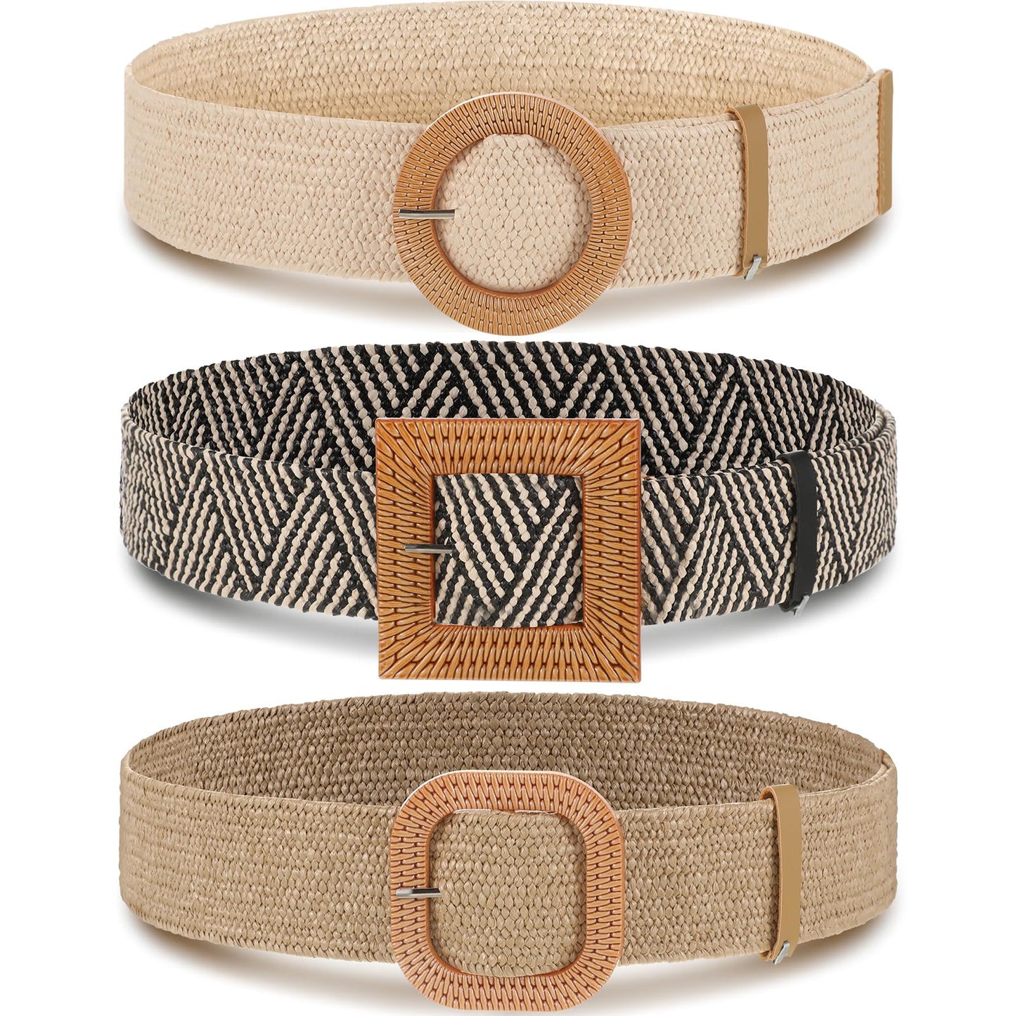 HOTSyhood 3 Pieces Straw Woven Elastic Waist Belt for Women Bohemian Dress Braided Belt