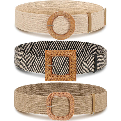 HOTSyhood 3 Pieces Straw Woven Elastic Waist Belt for Women Bohemian Dress Braided Belt