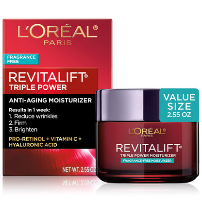 HOTL'Oreal Paris Revitalift Triple Power Anti-Aging Face Moisturizer, Pro Retinol, Hyaluronic Acid & Vitamin C to Reduce Wrinkles, Firm & Brighten Skin, 2.55 Oz