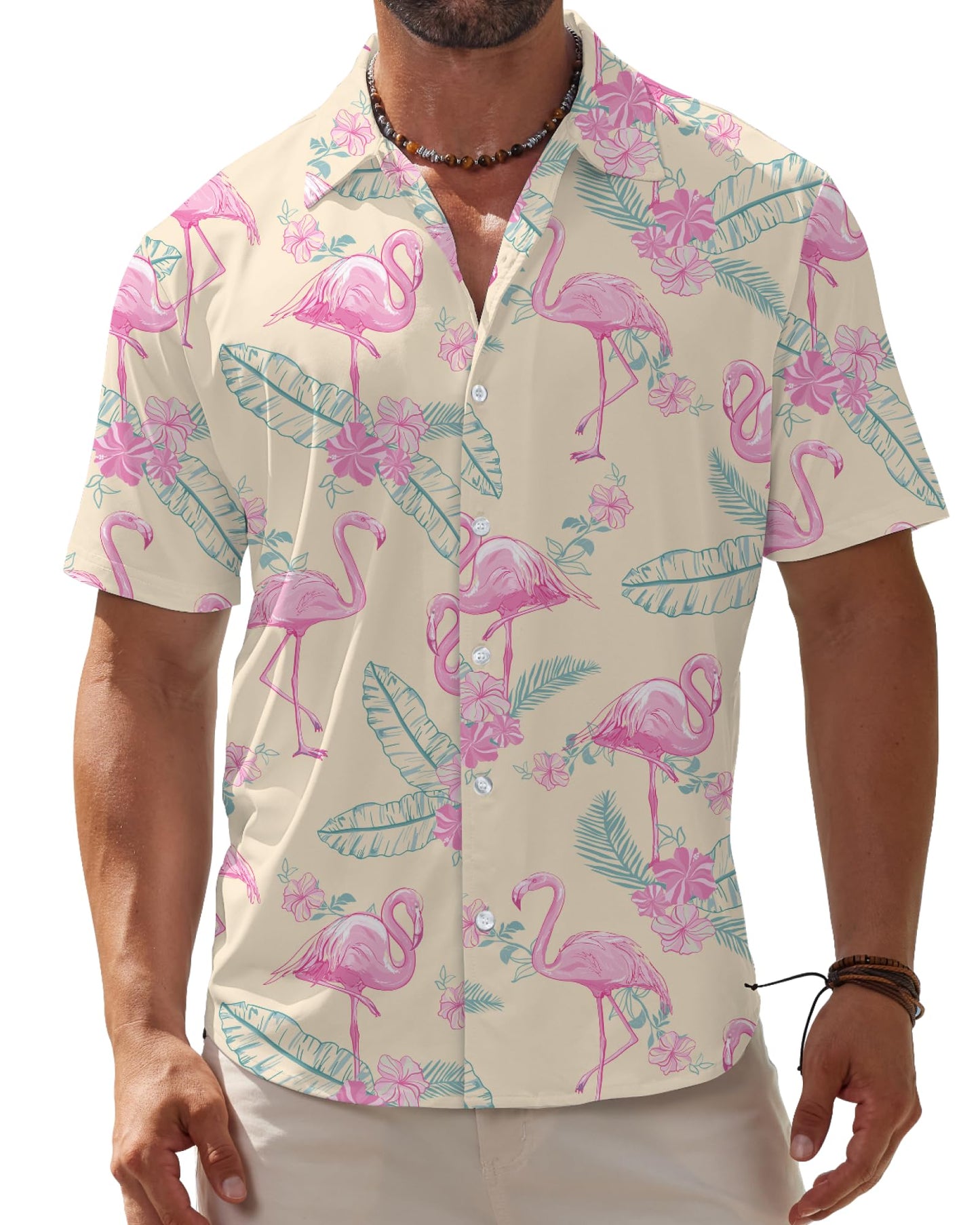 HOTBOJIN Men's Hawaiian Wrinkle Free Short Sleeve Button Down Tropical Floral Beach Vacation Shirt
