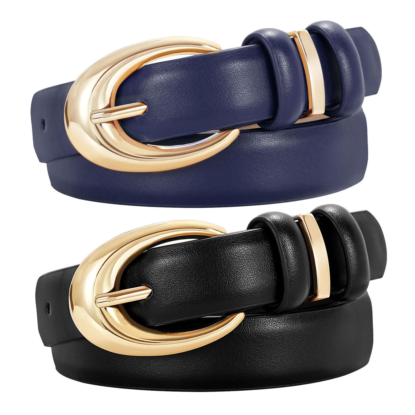 HOTTRIWORKS 2 Pack Women Leather Belt for Jeans Pants Fashion Ladies Faux Leather Belt with Gold Buckle
