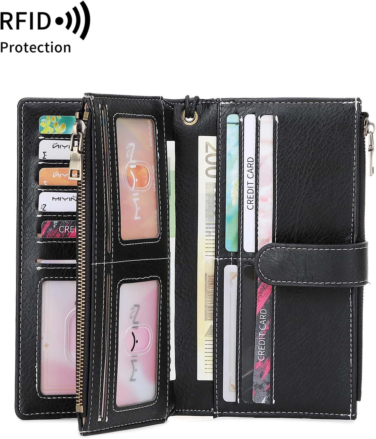HOTRFID Blocking PU Leather Wallet for Women - Slim Bifold with 16 Card Slots & Zipper Pocket, Compact Designer Purse with Smooth Double Zipper Design