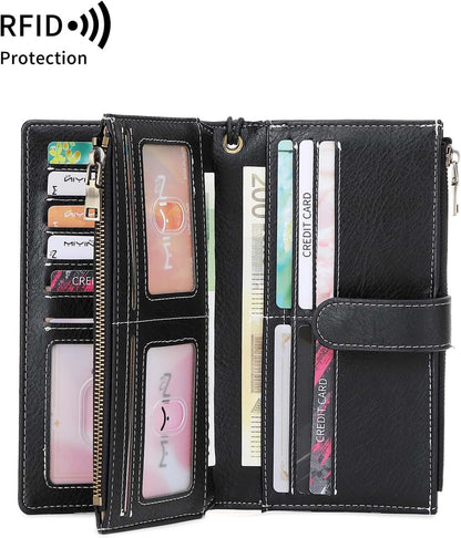 HOTRFID Blocking PU Leather Wallet for Women - Slim Bifold with 16 Card Slots & Zipper Pocket, Compact Designer Purse with Smooth Double Zipper Design