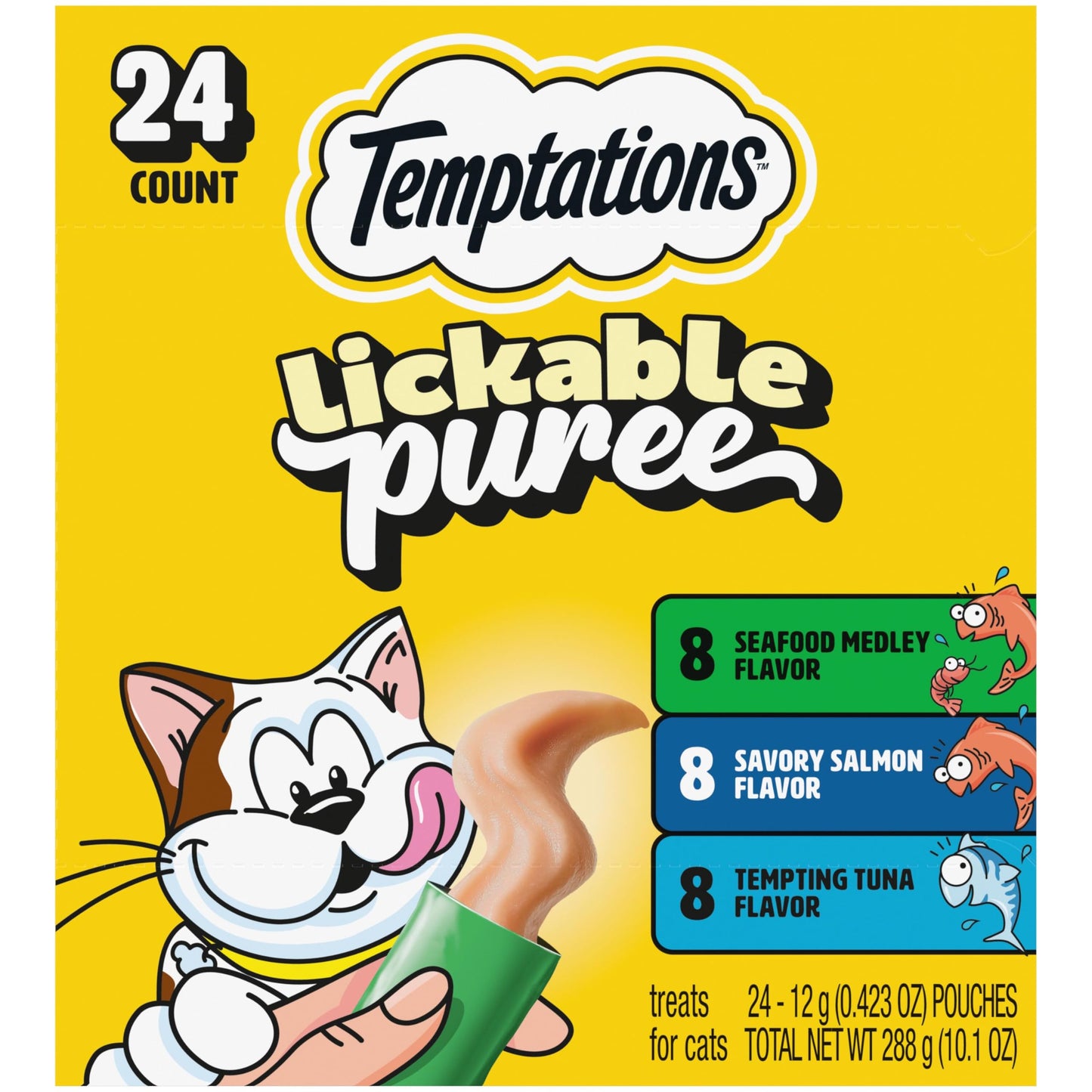 HOTTemptations Creamy Puree Cat Treats, Beef, Chicken, Salmon & Tuna, 48 Count | Beef, Salmon, Chicken & Tuna, under 15 cal/tube, no added sugar or fillers, senior-friendly, meal topper or hand-feed