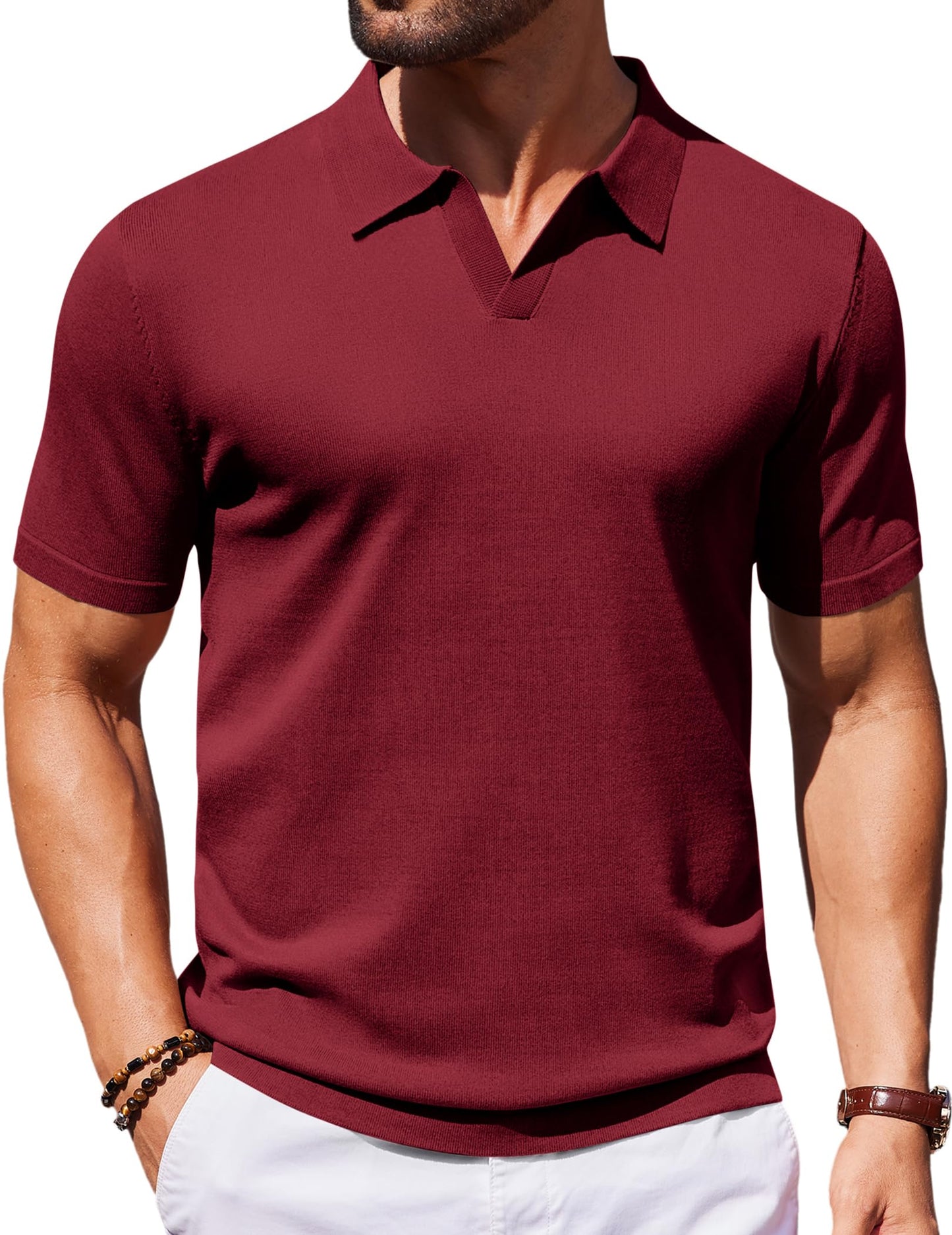 HOTCOOFANDY Men's V Neck Short Sleeve Stretch Knit Polo Shirt